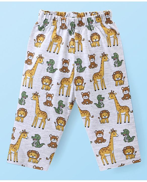 Babyhug Cotton Knit Full Sleeves Night Suit Wild Animals  Print - Light Grey