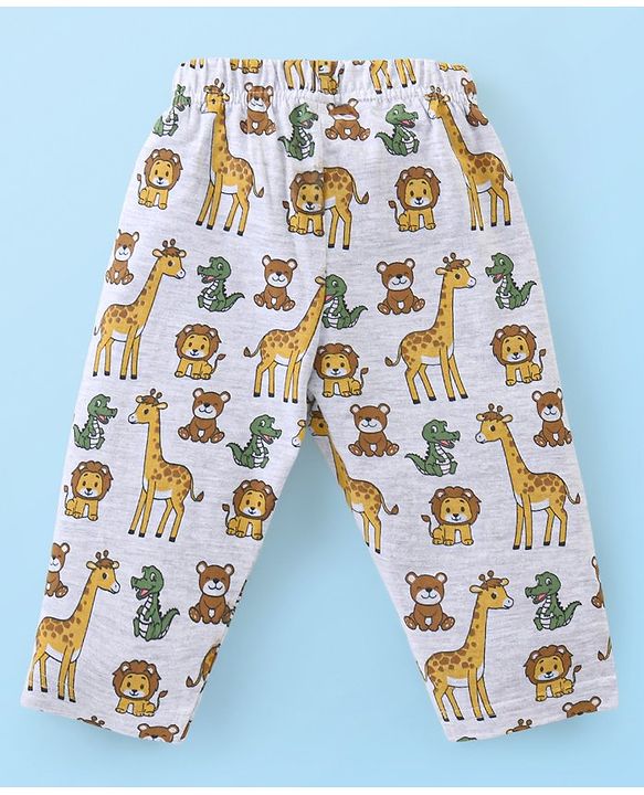 Babyhug Cotton Knit Full Sleeves Night Suit Wild Animals  Print - Light Grey