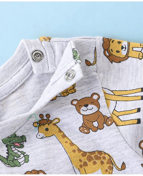 Babyhug Cotton Knit Full Sleeves Night Suit Wild Animals  Print - Light Grey