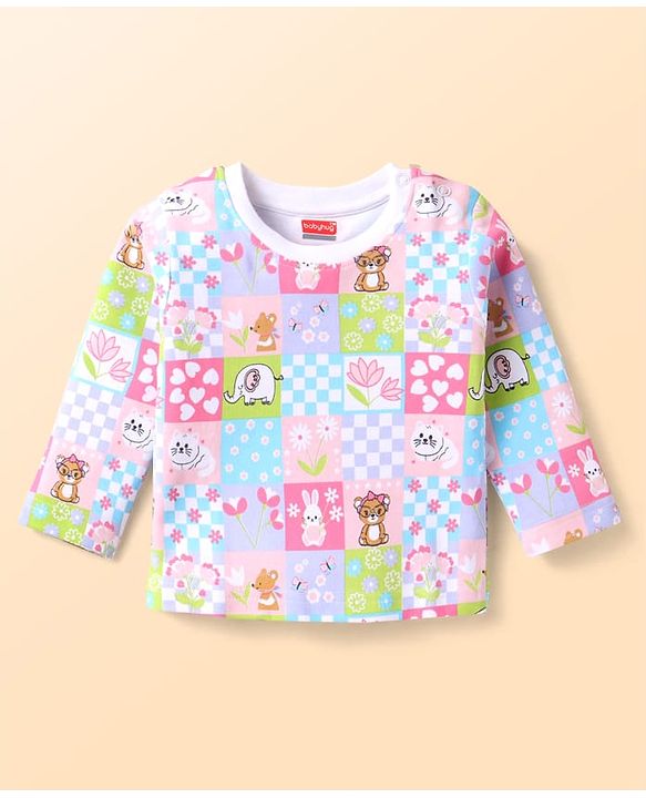 Babyhug Cotton Knit Full Sleeves Co-ords Night Suit with Animal Print - Pink