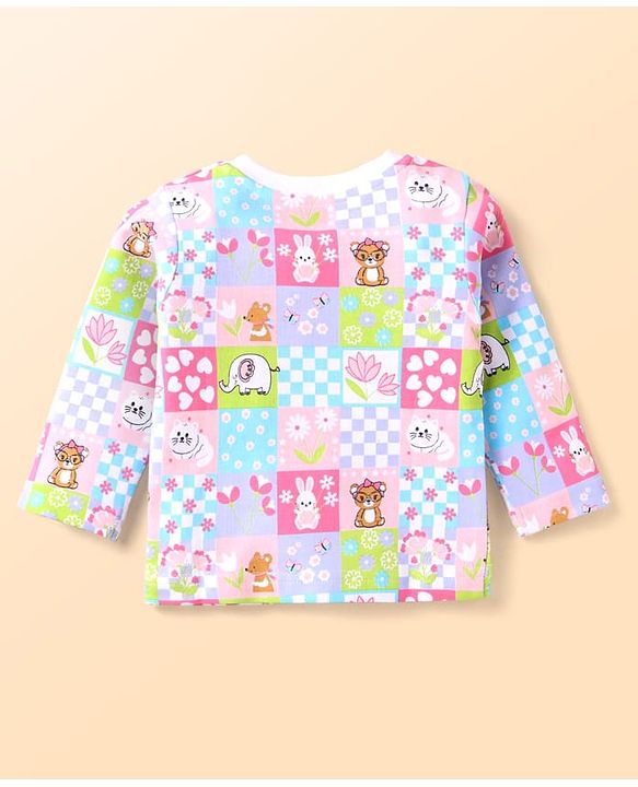 Babyhug Cotton Knit Full Sleeves Co-ords Night Suit with Animal Print - Pink