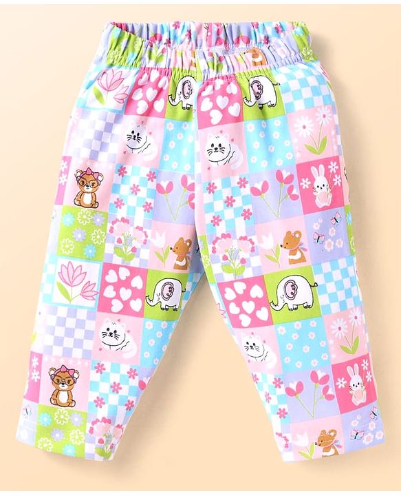 Babyhug Cotton Knit Full Sleeves Co-ords Night Suit with Animal Print - Pink