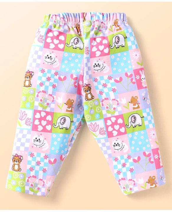 Babyhug Cotton Knit Full Sleeves Co-ords Night Suit with Animal Print - Pink