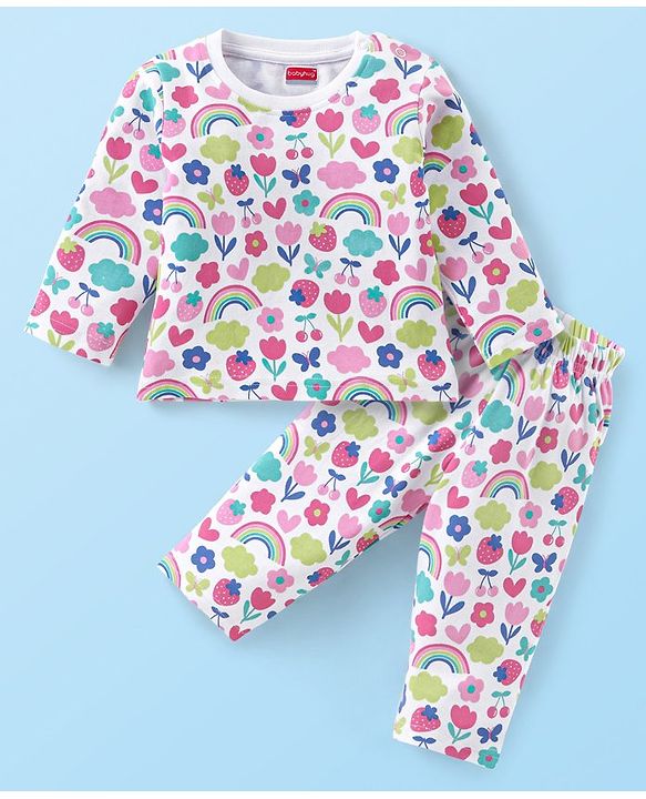 Babyhug Cotton Knit Full Sleeves Floral Printed Night Suit - White