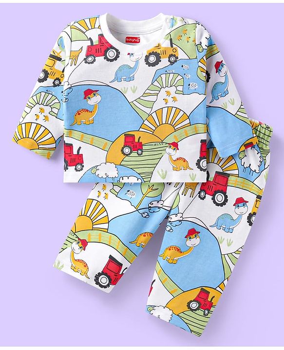 Babyhug Cotton Knit Full Sleeves Night Suit With Dino & Vehicle Print - White