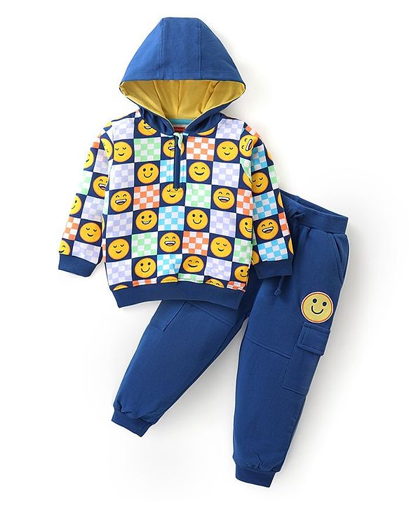 Babyhug Terry Knit Full Sleeves Hooded T-Shirt & Pant Set with Smiley Print - Blue & Yellow