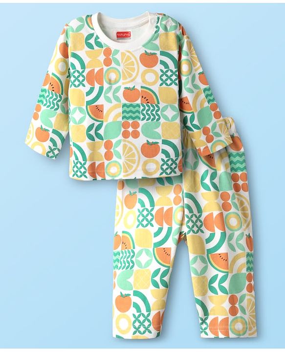 Babyhug Cotton Knit Full Sleeves Night Suit Dino Print - Navy Blue & Ecru