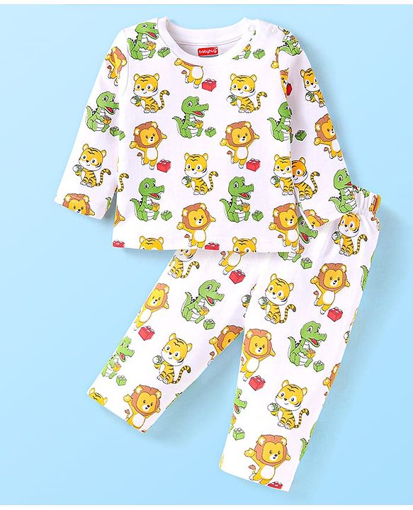 Babyhug Cotton Knit Full Sleeves Animal Printed Night Suit - White