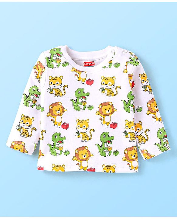 Babyhug Cotton Knit Full Sleeves Animal Printed Night Suit - White
