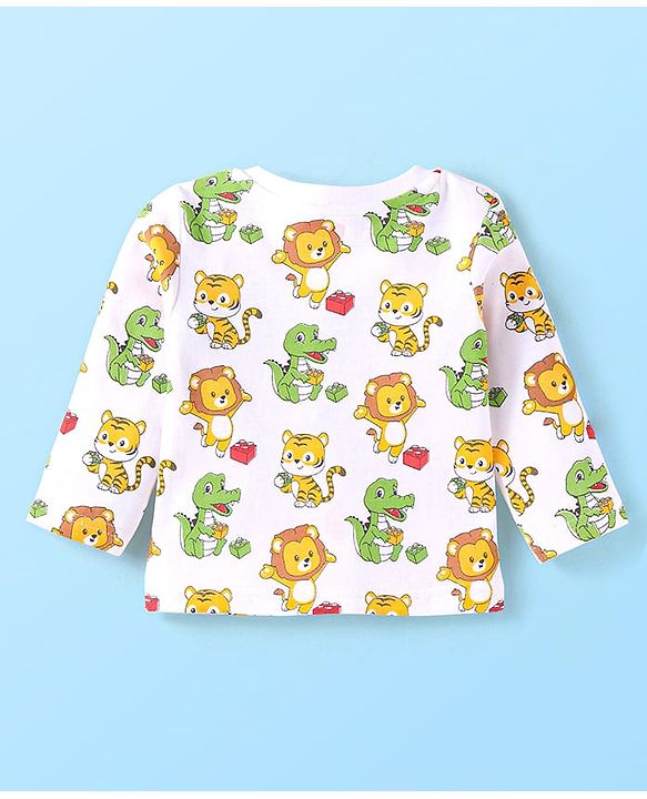 Babyhug Cotton Knit Full Sleeves Animal Printed Night Suit - White