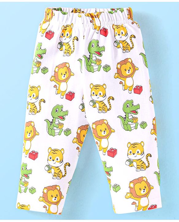 Babyhug Cotton Knit Full Sleeves Animal Printed Night Suit - White