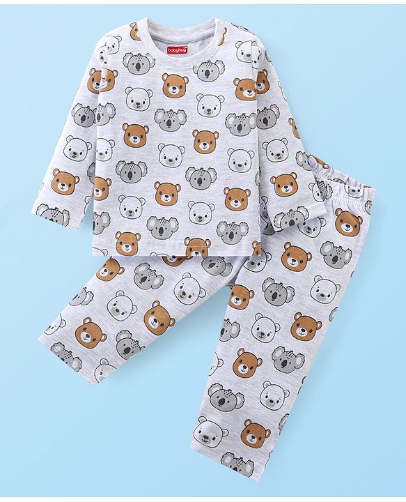 Babyhug Cotton Knit Full Sleeves Night Suit Bear Print - Light Grey