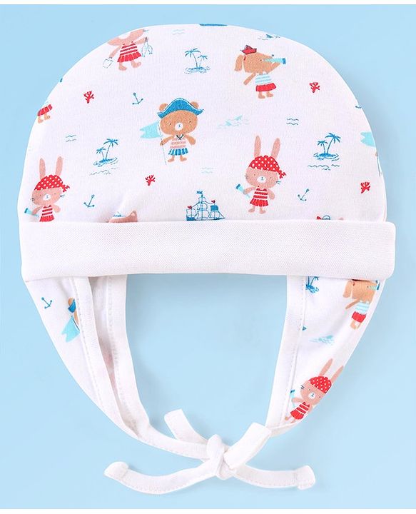 Babyhug 100% Cotton Knit Cap With Animals Print Off White - Diameter 11 cm