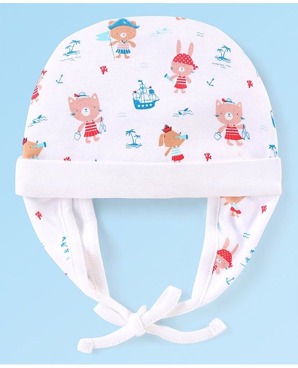 Babyhug 100% Cotton Knit Cap With Animals Print Off White - Diameter 11 cm