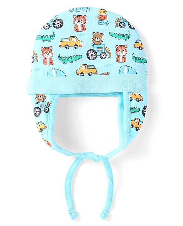Babyhug 100% Cotton Knit Cap with String & Vehicle Print Light Blue - Diameter 11 cm