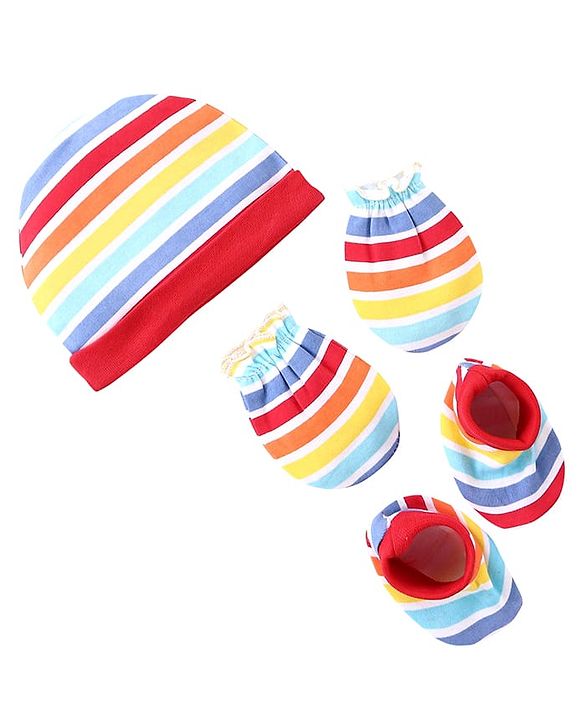 Babyhug 100% Cotton Knit Striped  Cap Mittens And Booties   - Multicolor
