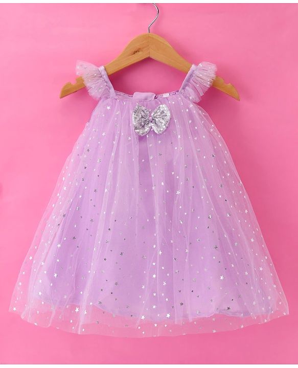 Babyhug Woven Frill Sleeves Foil Printed A  Line Party Frock with Bow Applique - Lilac
