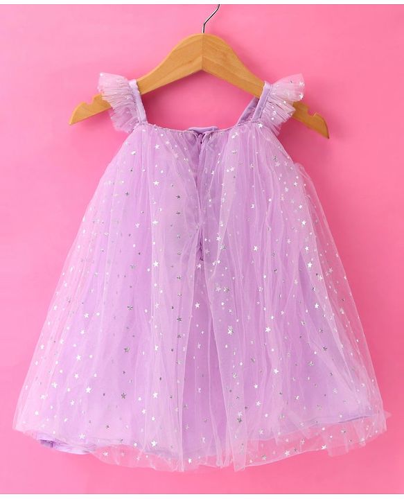 Babyhug Woven Frill Sleeves Foil Printed A  Line Party Frock with Bow Applique - Lilac