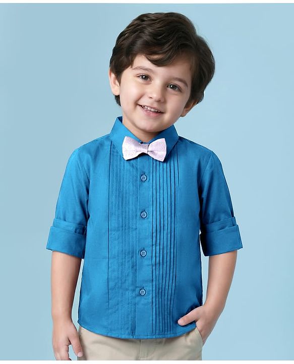 Babyhug Cotton Woven Full Sleeves Solid Shirt with Pintucks Detailing & Bow - Blue