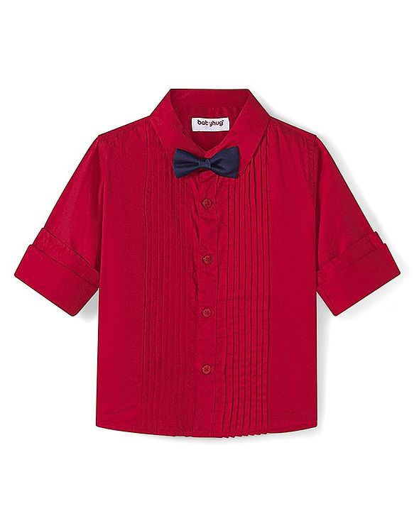 Babyhug Woven Full Sleeves Solid Colour Party Shirt With Bow & Pintuck Detailing - Red