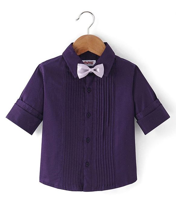 Babyhug Cotton Woven Full Sleeves Party Shirt Solid Colour with Pintuck Design & Bow - Purple