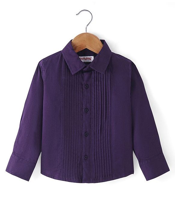 Babyhug Cotton Woven Full Sleeves Party Shirt Solid Colour with Pintuck Design & Bow - Purple