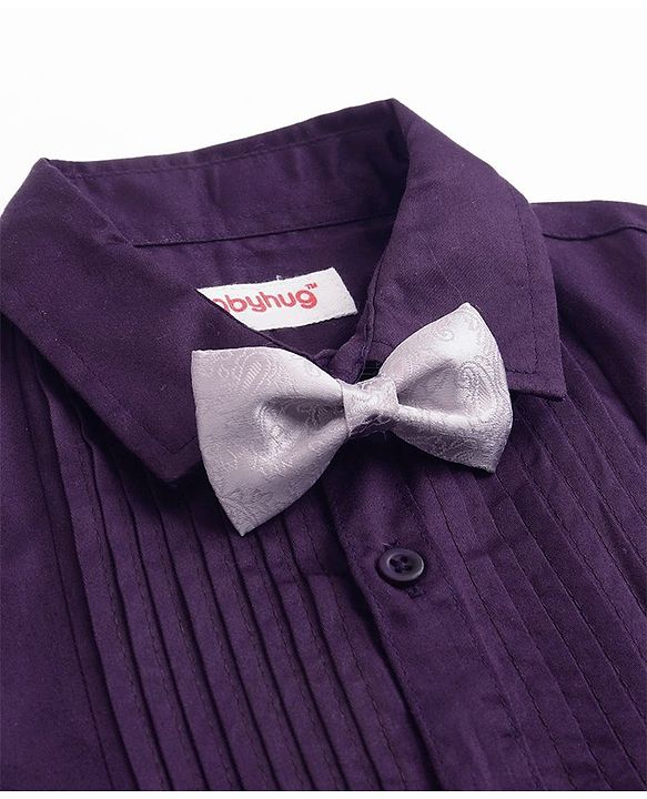 Babyhug Cotton Woven Full Sleeves Party Shirt Solid Colour with Pintuck Design & Bow - Purple