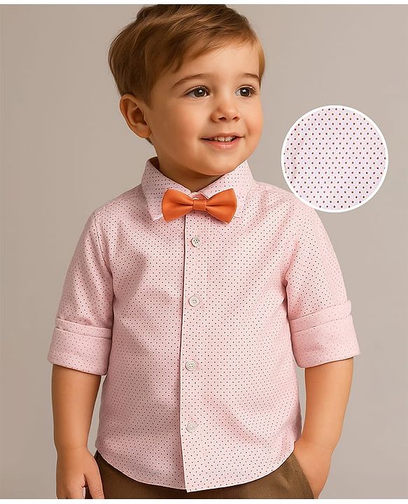 Babyhug Woven Full Sleeves Party Shirt with Bow & Polka Dots Print - Peach