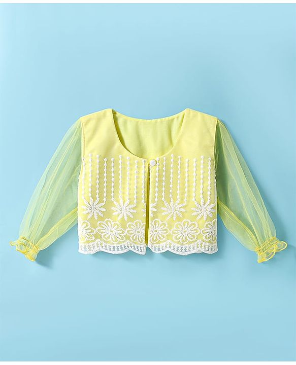 Babyhug Woven Full Puffed Sleeves Fit & Flare Floral Embroidered Frock with Shrug - Lemon Yellow