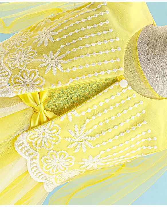 Babyhug Woven Full Puffed Sleeves Fit & Flare Floral Embroidered Frock with Shrug - Lemon Yellow