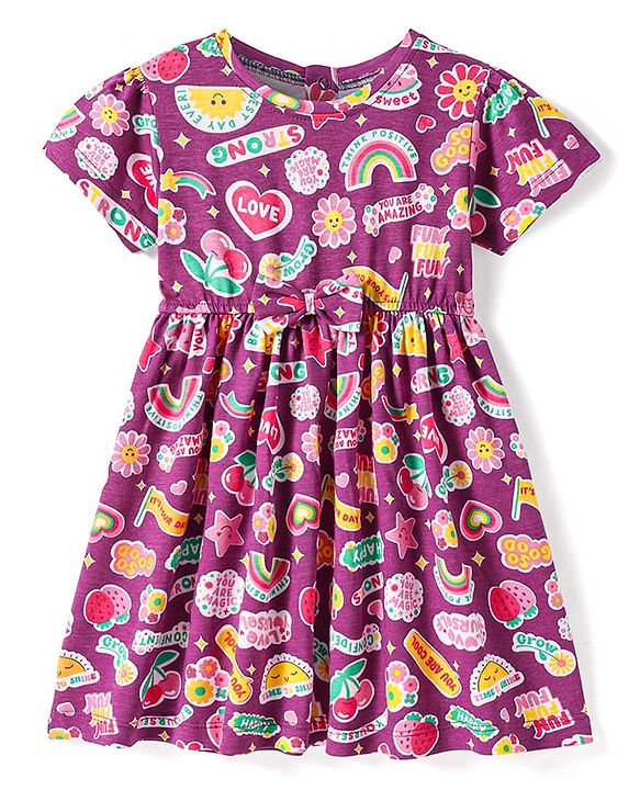 Babyhug Single Jersey Knit Half Sleeves Frock with Text Print - Maroon