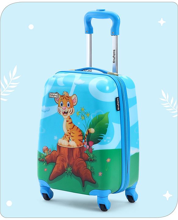 Babyhug Kid's Small 1 Day Trip Trolley Bag Tiger Print Blue -18 Inches| Shock Resistant| Telescopic Handle| Water Resistant| Easy Zipper Closure| Durable Swivel Wheels