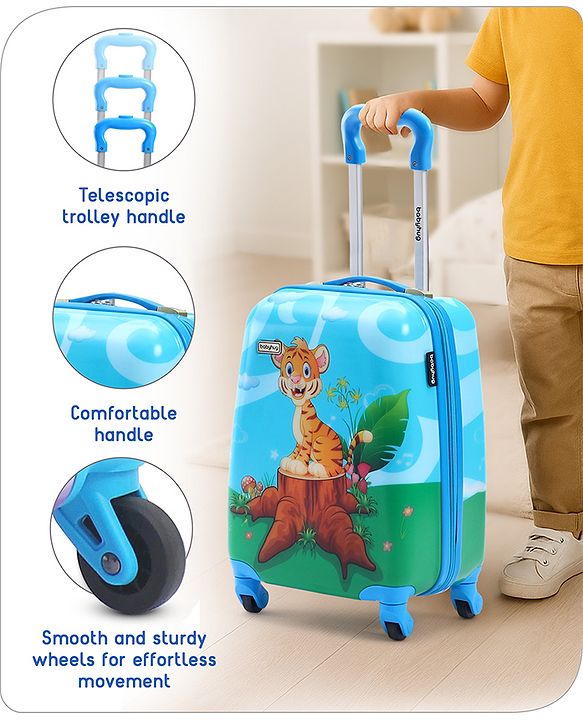 Babyhug Kid's Small 1 Day Trip Trolley Bag Tiger Print Blue -18 Inches| Shock Resistant| Telescopic Handle| Water Resistant| Easy Zipper Closure| Durable Swivel Wheels