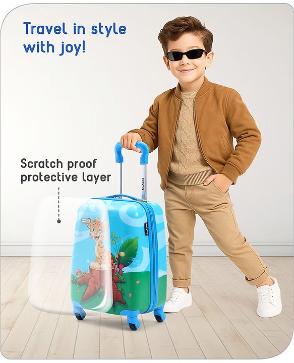 Babyhug Kid's Small 1 Day Trip Trolley Bag Tiger Print Blue -18 Inches| Shock Resistant| Telescopic Handle| Water Resistant| Easy Zipper Closure| Durable Swivel Wheels