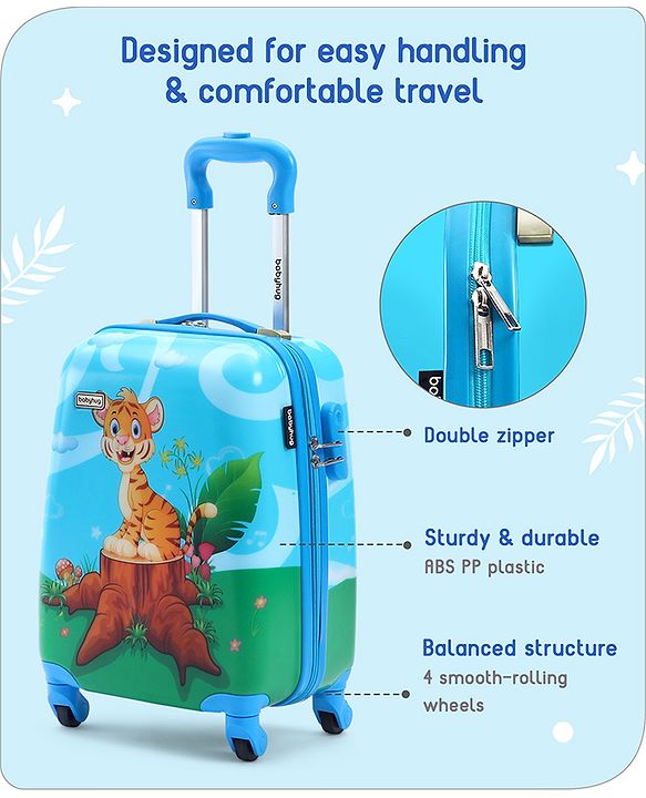 Babyhug Kid's Small 1 Day Trip Trolley Bag Tiger Print Blue -18 Inches| Shock Resistant| Telescopic Handle| Water Resistant| Easy Zipper Closure| Durable Swivel Wheels