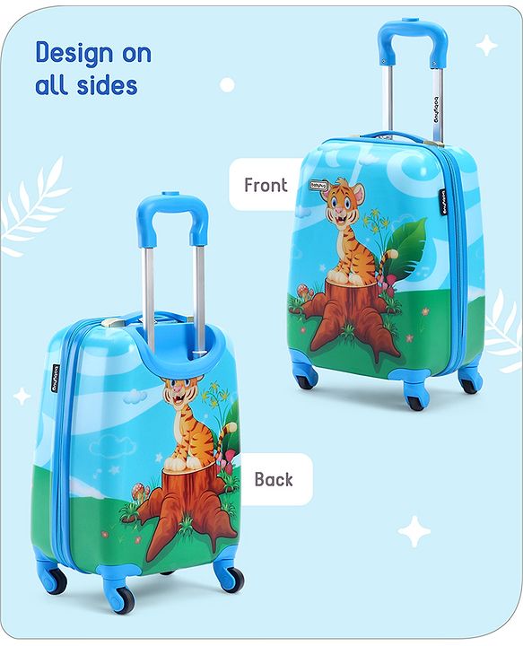 Babyhug Kid's Small 1 Day Trip Trolley Bag Tiger Print Blue -18 Inches| Shock Resistant| Telescopic Handle| Water Resistant| Easy Zipper Closure| Durable Swivel Wheels
