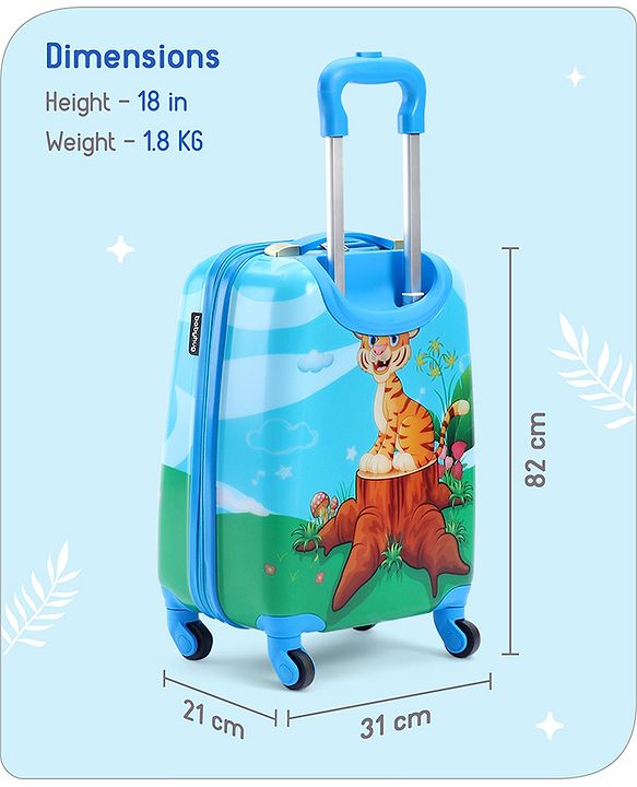 Babyhug Kid's Small 1 Day Trip Trolley Bag Tiger Print Blue -18 Inches| Shock Resistant| Telescopic Handle| Water Resistant| Easy Zipper Closure| Durable Swivel Wheels