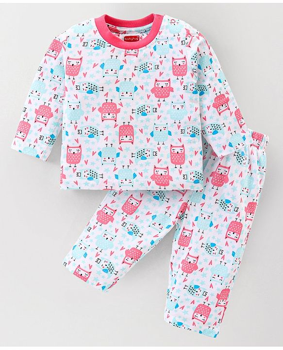 Babyhug Cotton Knit Full Sleeves Night Suit with Owl Print - White & Pink