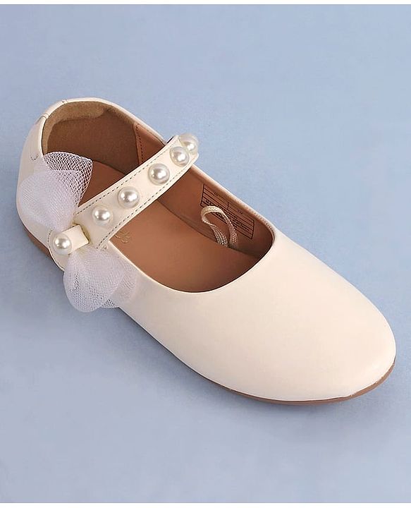 Pine Kids Bow & Pearl Detailing Ballerinas with Velcro Closure - White