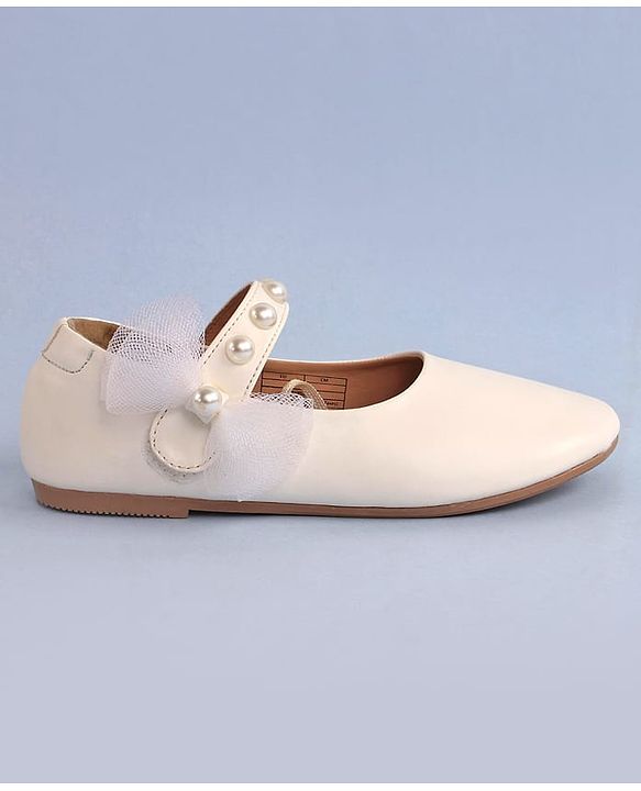 Pine Kids Bow & Pearl Detailing Ballerinas with Velcro Closure - White