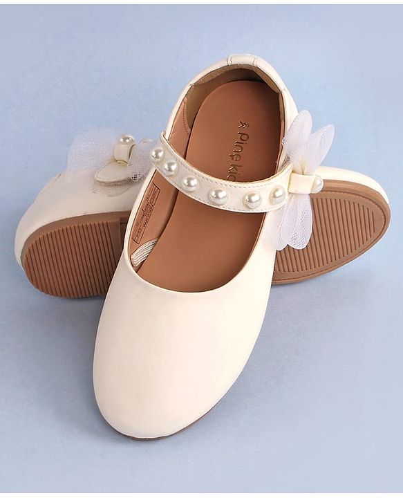 Pine Kids Bow & Pearl Detailing Ballerinas with Velcro Closure - White