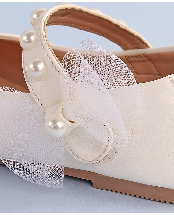 Pine Kids Bow & Pearl Detailing Ballerinas with Velcro Closure - White