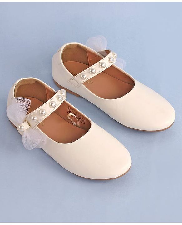 Pine Kids Bow & Pearl Detailing Ballerinas with Velcro Closure - White