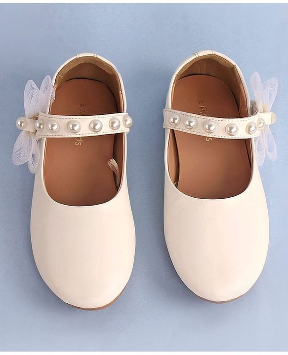 Pine Kids Bow & Pearl Detailing Ballerinas with Velcro Closure - White