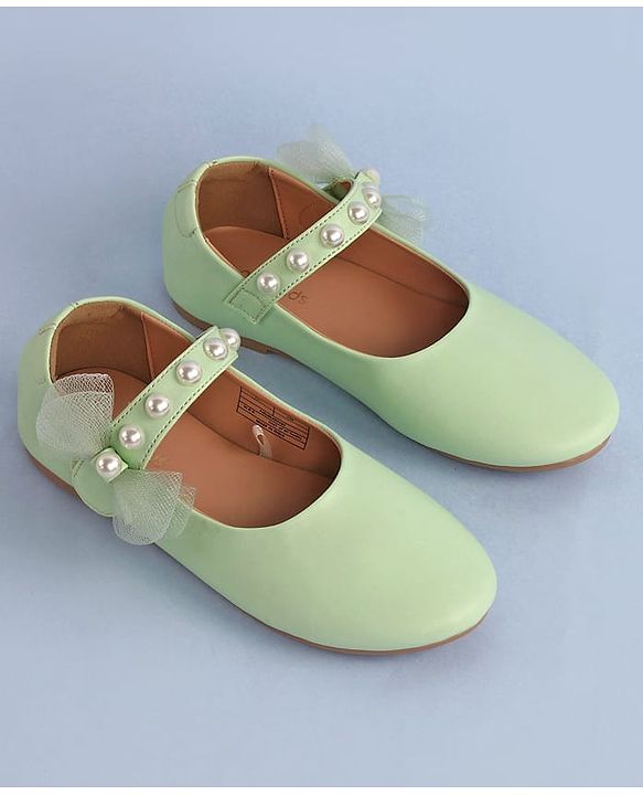 Pine Kids Bow & Pearl Detailing Ballerinas with Velcro Closure - Sea Green