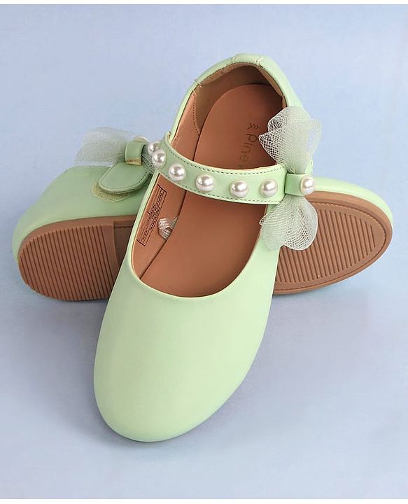 Pine Kids Bow & Pearl Detailing Ballerinas with Velcro Closure - Sea Green