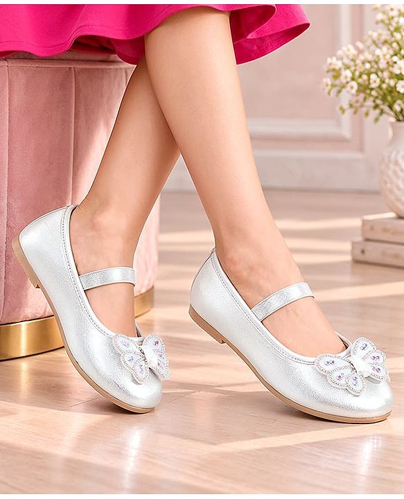 Pine Kids Bow & Stone Detailing Ballerinas with Velcro Closure - Silver