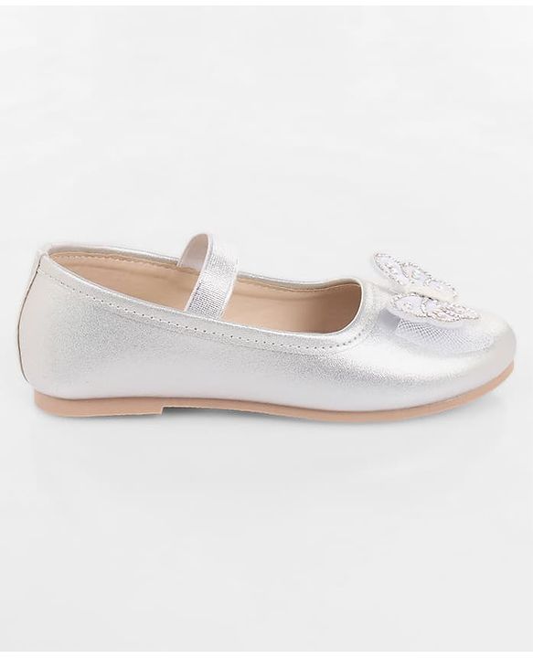 Pine Kids Bow & Stone Detailing Ballerinas with Velcro Closure - Silver