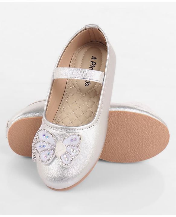 Pine Kids Bow & Stone Detailing Ballerinas with Velcro Closure - Silver