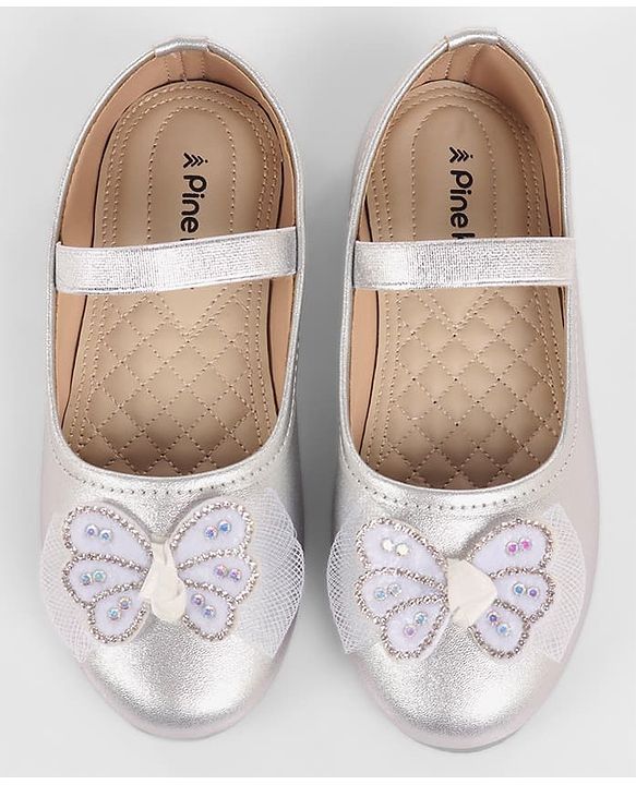 Pine Kids Bow & Stone Detailing Ballerinas with Velcro Closure - Silver